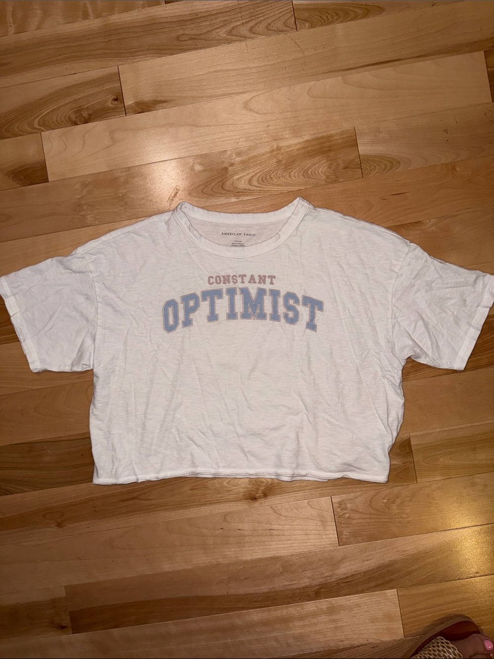 American Eagle Outfitters White Cropped Tee with Blue and Pink Lettering S